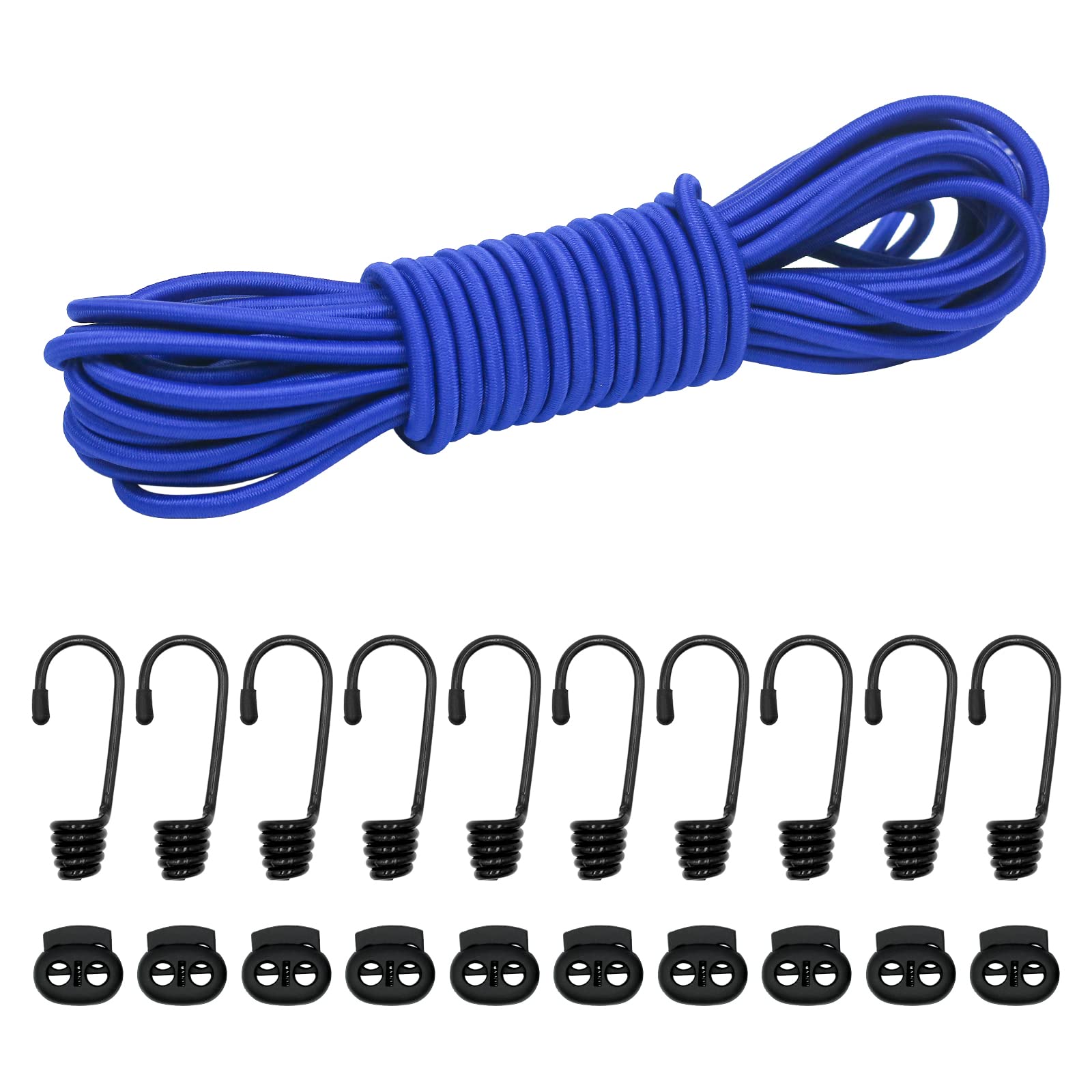 Dondeen Elastic Cord,Shock Cord Heavy Duty Elasticated Shock Cord Black Bungee Cords with Hooks and Spring Cord Lock for Caravan Cargo Craft Rack (6mm x 10M, Blue)