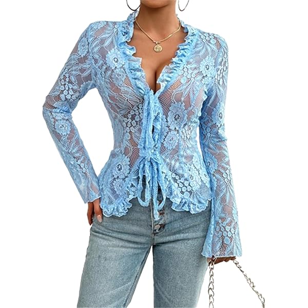 Womens Spring Summer Sexy Slim Long Sleeved Lace Tops V Neck Tie