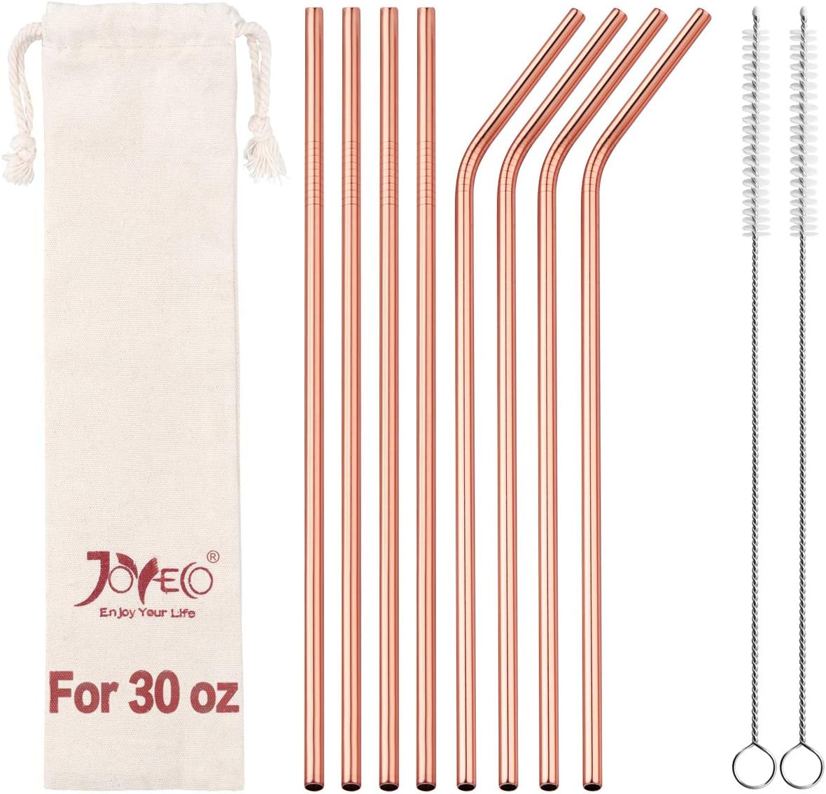 JOYECO Straws Reusable Metal Stainless Steel Drinking Rose Gold, Extra Long Eco Straw for Party Coffee 20oz 30oz Tumblers, 6mm x 267mm, Packs of 8 (4 Bent 4 Straight 2 Brushes)