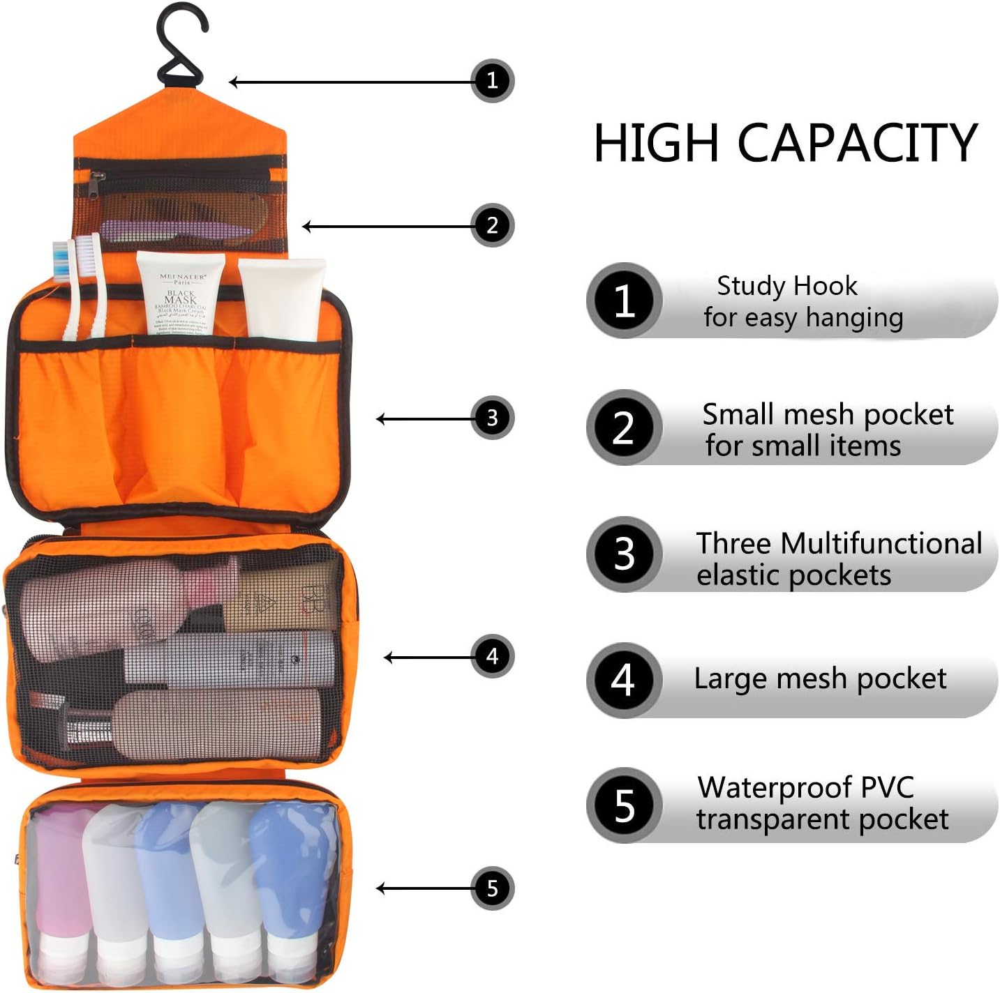 Relavel Cosmetic Pouch Toiletry Bags Travel Business Handbag Waterproof Compact Hanging Personal Care Hygiene Purse (Orange) : Beauty