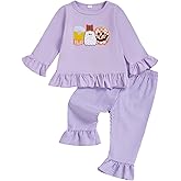 Nibbcoa Toddler Girl Halloween Outfit Boo Embroidery Long Sleeve Ruffle Shirt Top Plaid Pants Set 2 Piece Fall Clothes