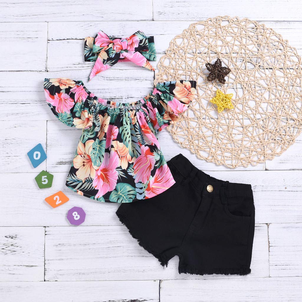 Ywoow Toddler Kids Baby Girls Fly Sleeve Floral Tops Solid Short