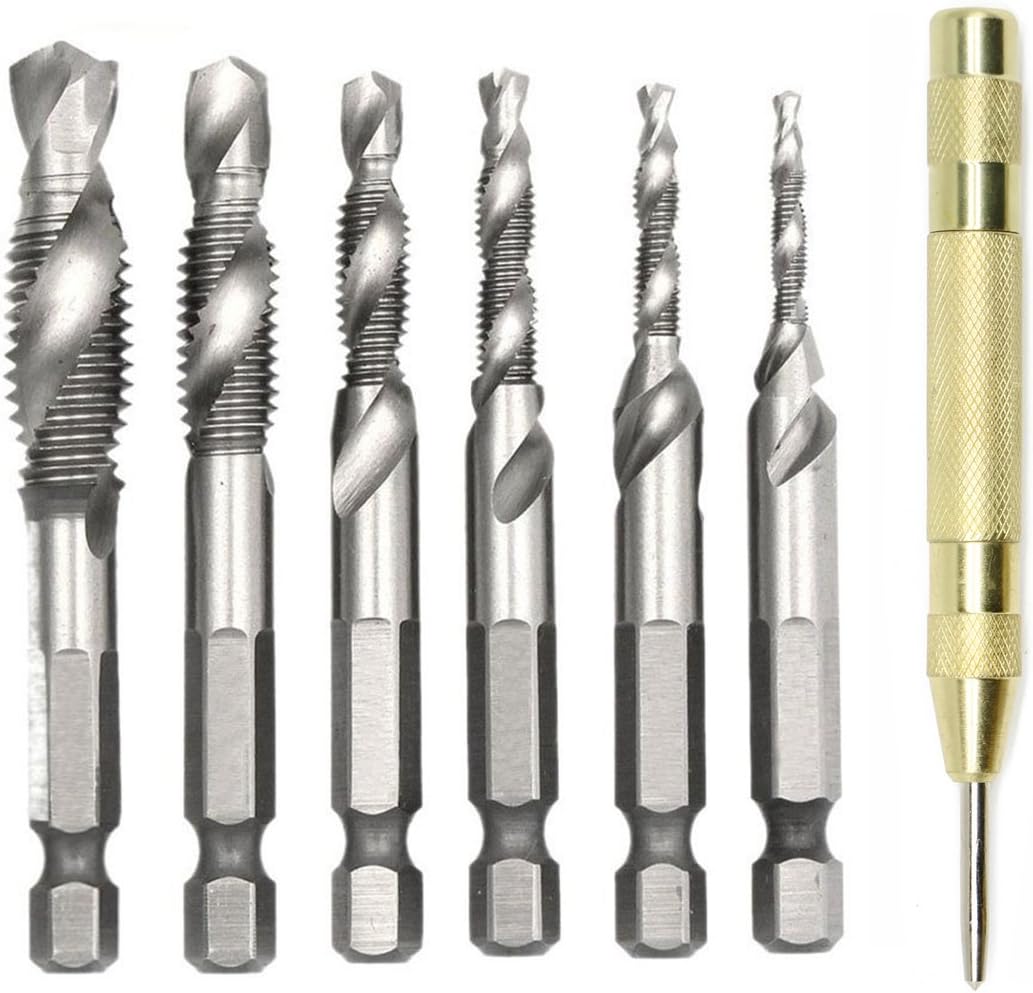 6 Pcs 1/4" HSS Spiral Hex Shank Combination Drill Screw Tap Bit Set (M3-M10) with Automatic Spring Loaded Center Punch Tool