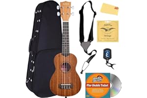 Kala KA-15S Mahogany Soprano Ukulele Bundle with Hard Case, Tuner, Strap, Fender Play, Austin Bazaar Instructional DVD, and Polishing Cloth