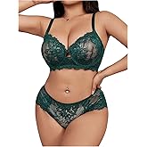 MakeMeChic Women's Plus Size 2 Piece Lingerie Set Floral Lace Sheer Underwire Bra and Panty Set