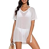 Tournesol Women's Sheer Swimsuit Cover Up Short Sleeve Side Slit Tie Coverup V Neck Bathing Suit Beach Dress