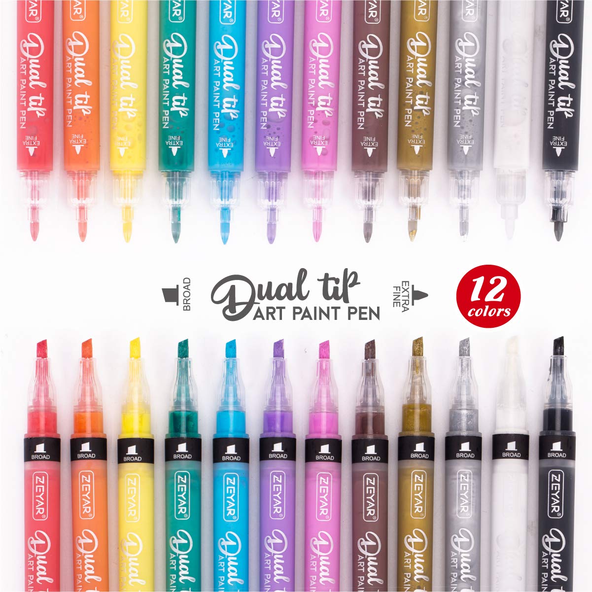 ZEYAR Acrylic Paint Pen, Dual Tip: Board and Extra Fine, 12 Colors, AP Certified, Waterproof Ink, Works on Rock, Wood, Glass, Metal, Ceramic and More (12 Classic Colors)