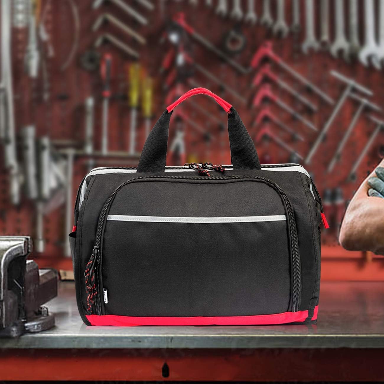 Tool Bag Wide Mouth Tote Bag with 25 Pockets 16-inch Storage Bag with Adjustable Shoulder Strap Black/Red - - 