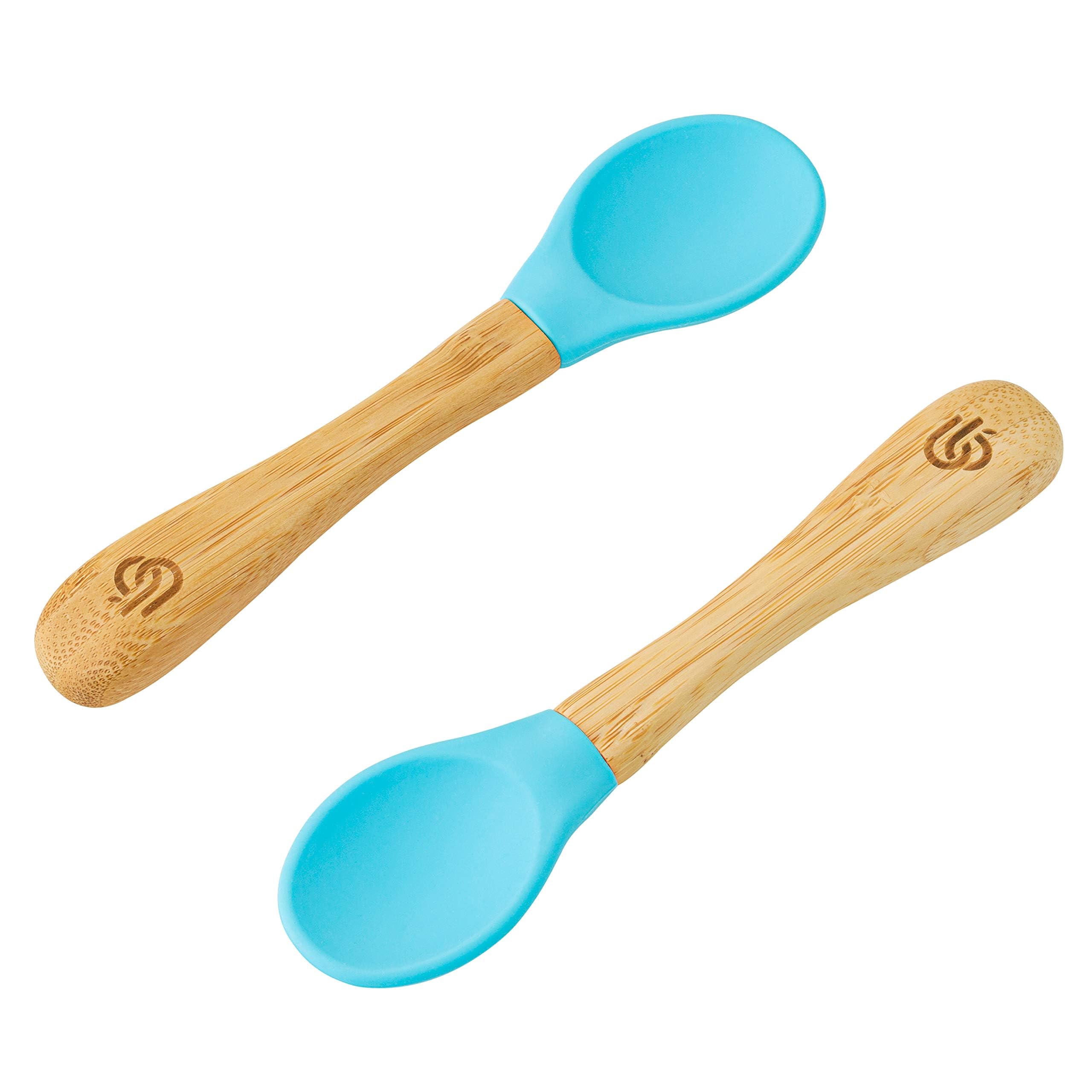 bamboo bamboo ® Baby Weaning Spoons Set of 2 | Bamboo with Soft Silicone Tips | Ergonomic Easy Grip Handles | BPA-Free (Set of 2, Blue)