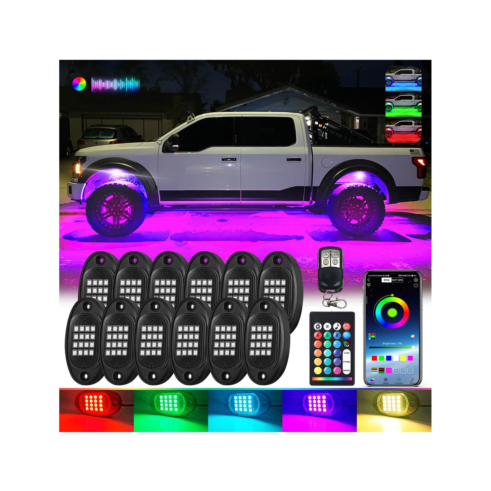 Photo 1 of 12Pods Segmented RGB LED Rock Lights Kit with APP/RF Remote Control, Upgraded Underglow Lights Multi Zone Neon Underbody Light Multi Color 12V Waterproof for Trucks Jeep UTV ATV Golf Cart Offroad SXS