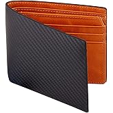 VISOUL Mens Carbon Fiber Leather Wallets Bifold with RFID Blocking, Designer Two-tone Wallet with 1 ID window for Men (Black+Orange)