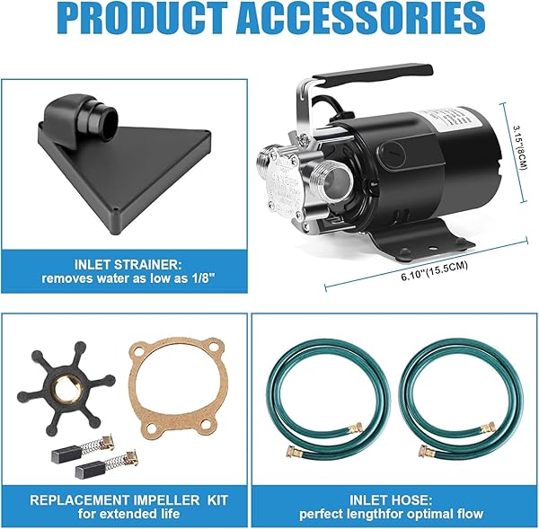 WATER TRANSFER PUMP, 115V 1/10HP ELECTRIC UTILITY PUMP WITH ON/OFF SWITCH 2 * 6 FT WATER HOSES KIT FOR REMOVING WATER FROM GARDEN POOLS AQUARIUMS HOT TUB DRAINING 1/8’’ LOW SUCTION FOR RAIN BARREL