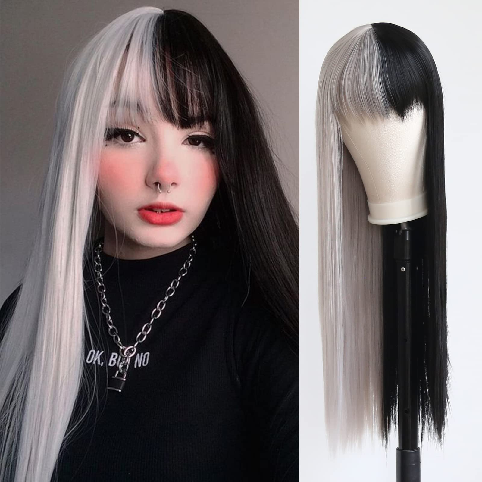 Towarm Long Straight Half Black and Grey Wig with Bangs Synthetic None Lace Front Wig with Fringe Natural Fashion Heat Resistant Ladies Full Wigs Cosplay Daily Wear Wig (Black Grey, Straight)