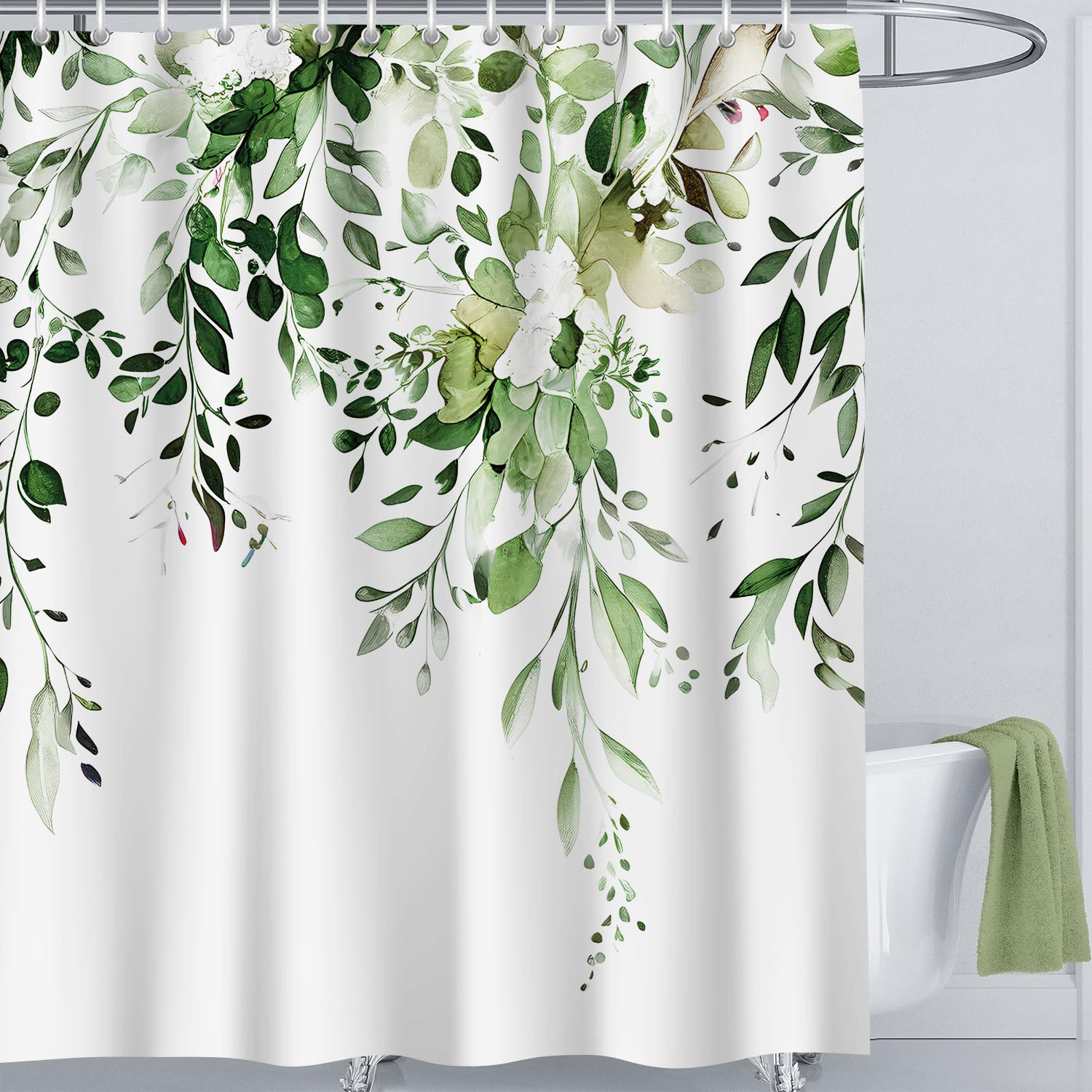 LIVETTY Green Shower Curtains 180x180cm Drop Fabric Shower Curtain for Bathroom Quick-Drying Kitchen Curtains Machine Washable with 12 Hooks-Multi-Color — image 1