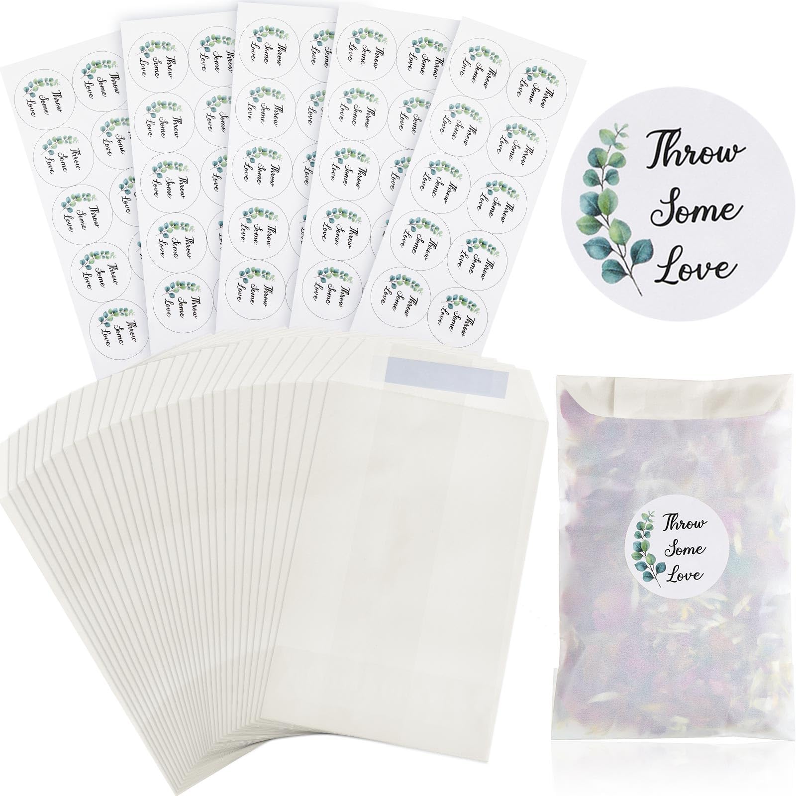 Tenare 50 Sets Wedding Confetti Bags Kit with Flower Petals & Stickers, 105 x 70 mm Paper Glassine Confetti Bags for Bridal Shower Wedding Party Favors(Green Leaf Style)