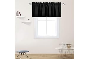 DECOVSUN Black Valance for Windows 42x18 Inch Solid Thermal Insulated Blackout Rod Pocket Kitchen Short Curtain Toppers Valance for Bathroom Living Room 1 Panel