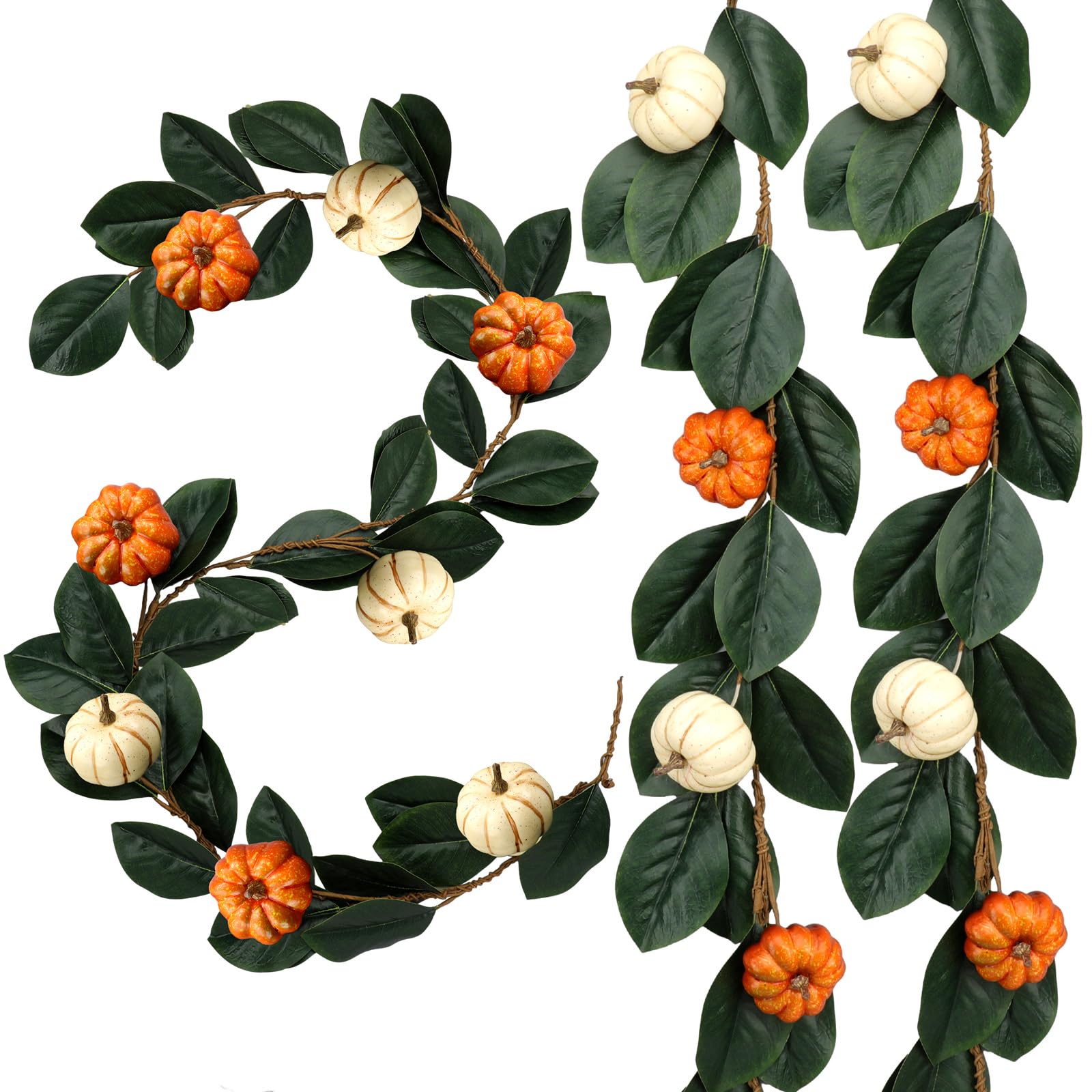 Photo 1 of 2 Pcs 6ft Thanksgiving Decor Fall Garland with Pumpkins Artificial Mixed Magnolia Leaves Farmhouse Hanging Rustic Autumn Garlands Decor for Front Door Kitchen Fireplace Home Indoor Outdoor
