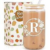 Birthday Gifts for Women, Monogrammed Initial Glass Cup Personalized Gifts for Women, 16oz Glass Cups with Lids and Straws, Iced Coffee Cup, Beer Can Shaped Glass - Gifts for Christmas, Birthday, R
