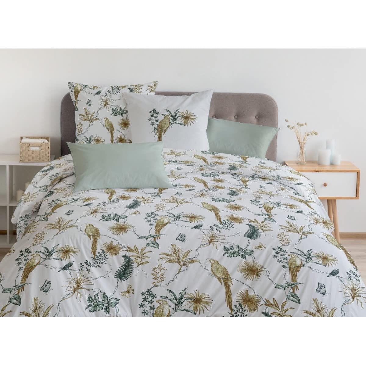 Home Linge Passion 3-Piece Bedding Set 240 x 260 cm 100% Cotton 57 Thread Count, Green, White & Ochre, 240x260cm