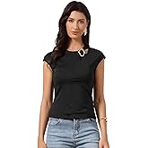 Allegra K Cap Sleeve Tops for Women's Dressy Casual Crew Neck Slim Fit t Shirts