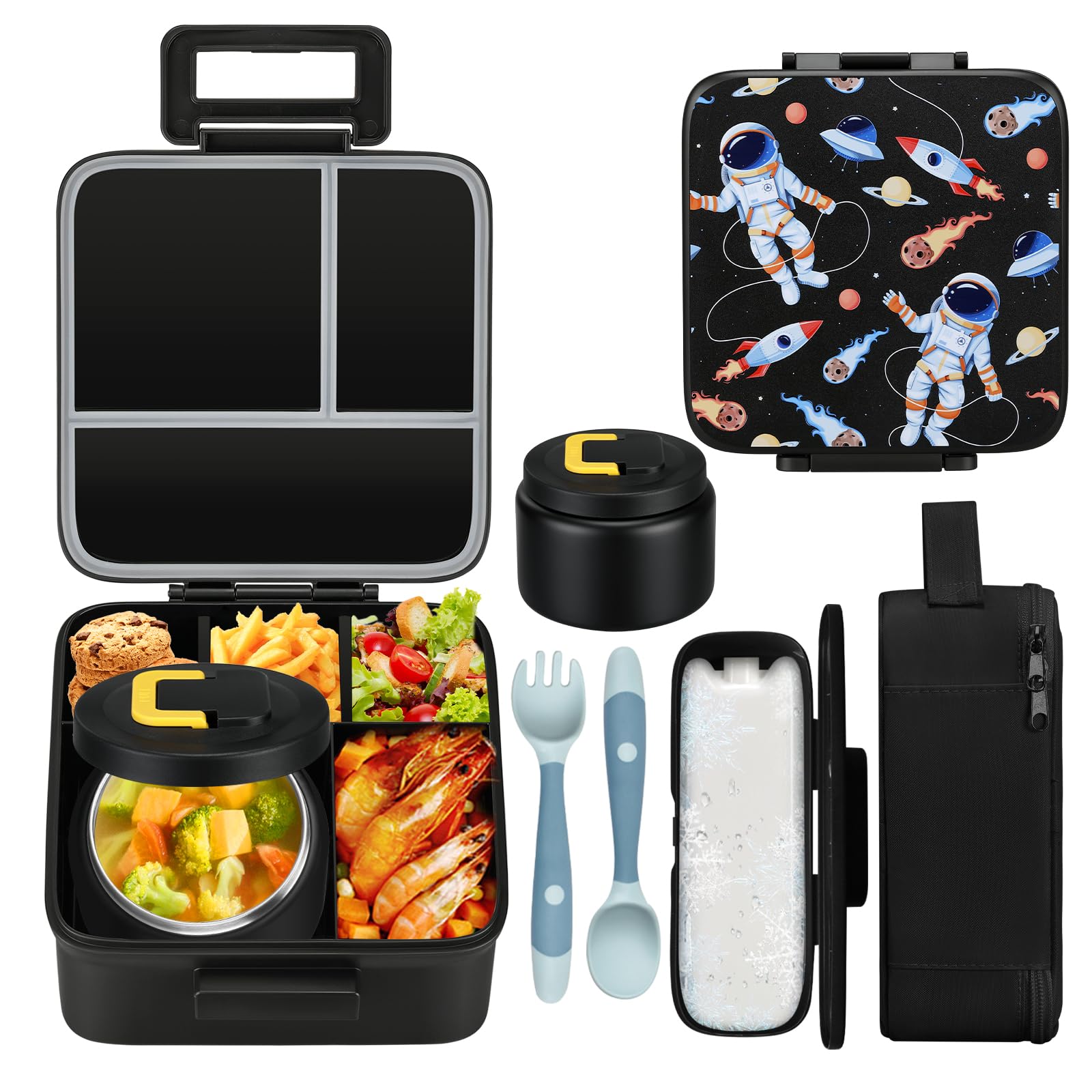 Photo 1 of MAISON HUIS Kids Bento Lunch Box Set With 8oz Soup Thermo, Leakproof Lunch Containers with 5 Compartment, Thermo Hot Food Jar and Insulated Lunch Bag, BPA Free,Travel, School -Black (Astronaut)