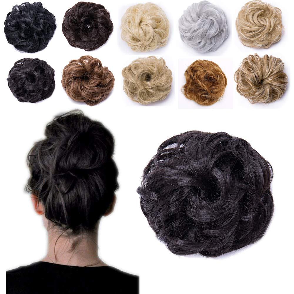 Messy Curly Hair Bun Scrunchy Scrunchie Hair Extensions Wavy Ponytail Hairpieces Donut Chignon Hair Ribbon - Dark Brown(Weight:40g)