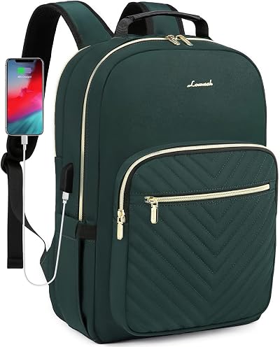 LOVEVOOK 17.3 Inch Laptop Backpack Women USB Port Water Resistant Deepgreen