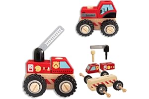 WoodenEdu Construction Vehicles for Toddlers, 2 Pcs Wooden Detachable Assemble Cranes and Tractor, Kids Vehicle Toys Hand Push Car Toys for 3 Years Old Boys Girls