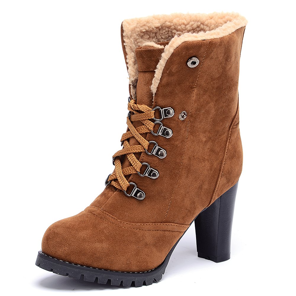 Odema Women's Suede Snow Boots Chunky High Heel Lace-up Ankle Boots Lightbrown - Image 3