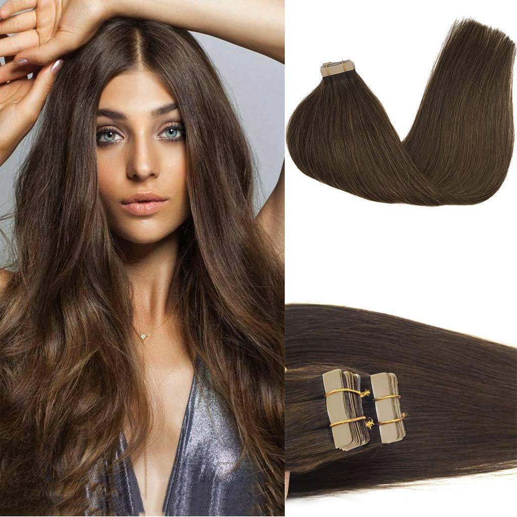 GOO GOO Tape in Hair Extensions Human Hair, 20pcs 50g 22inch, Chocolate Brown Real Remy Hair Extensions Seamless Straight Human Hair Extensions — image 1