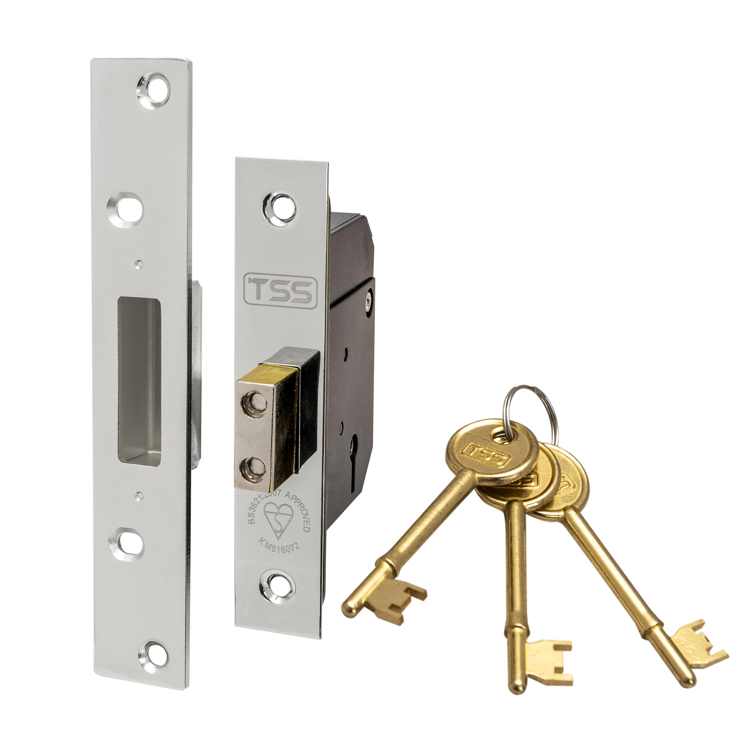 TSS High Security 5 Lever British Standard Mortice Deadlock with 3 Keys and Fixings, 2.5" (68mm) Satin Chrome, Insurance Approved for External Doors, British Standard BS3621:2007