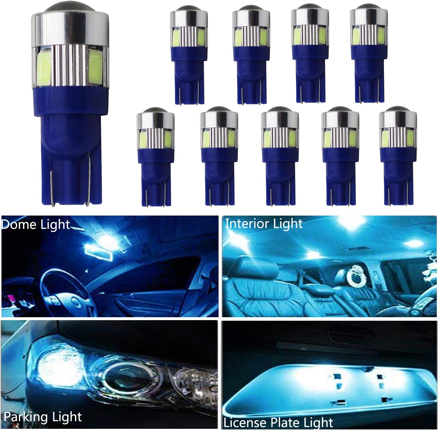 HOCOLO10x T10 198 194 168 912 921 W5W 2825 Ice Blue Color 8000K High Power LED Bulbs For Interior Dome/Map/License Plate/Parking/Door/Trunk Lights (10pcs T10 6-SMD, Ice Blue)