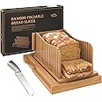 Bamboo Bread Slicer with Serrated Knife, Adjustable Bread Slicer Guide with 3 Thickness Size, Foldable Compact Chopping Cutting Board with Crumb Tray, Great for Homemade Bread, Cakes, Bagels