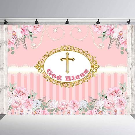 First Communion Backdrop Girl Baptism Pink Christening Amazon Co