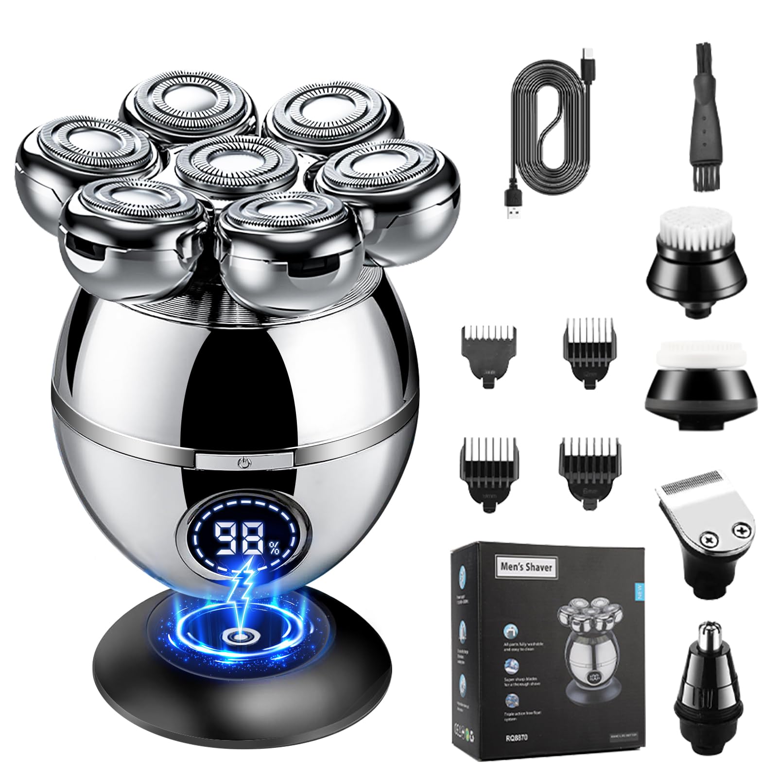 Head Shavers for Bald Men, 7D Rechargeable Bald Head Shaver with Display, 6-in-1 Wet & Dry Rotary Shaver Waterproof for Face & Head, USB-C Cordless Electric Razor for Men