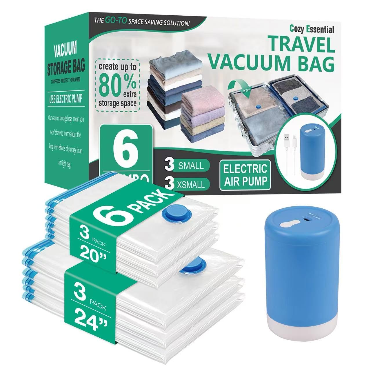 Photo 1 of 6 Pack Travel Vacuum Storage Bags with Rechargeable Wireless Electric Pump for Luggage, Suitcase, Carry-on Size Vacuum Seal Compression Space Saver Bags for Clothes and Clothing Travel