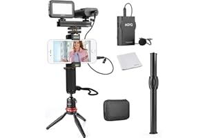 Movo Wireless Smartphone Video Kit V2+ with Tripod, Grip, Wireless Lavalier Microphone, LED Light and Remote - YouTube Equipment for iPhone 6, 6S, 7, 8, X, XS, XS Max, XR, 11, 11 Pro, Samsung Galaxy