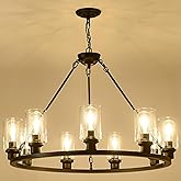 JTYKHNM Black Wagon Wheel Chandelier 32 Inch Modern Farmhouse Glass Pendant Light 9-Light Ceiling Hanging Lighting Fixtures f