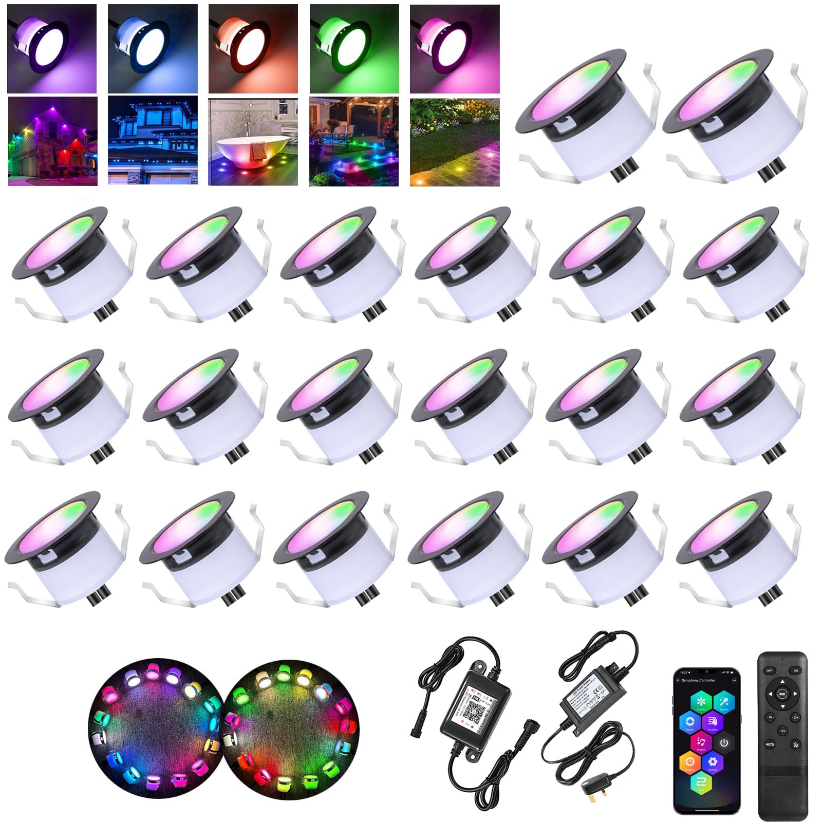 WiFi LED Decking Lights RGBW,Decking Patio Lighting Ø31MM 12V 0.6W IP67 Waterproof Smart Led Plinth Light Multicolor Chasing Effect Timer Recessed Deck Lights for Terrace Pathway Floor Decor-20 Pack