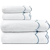2 Pcs 100% Cotton Bath Towels for Bathroom,27 * 54 Inch Scalloped Bath Towels Embroidered Decorative 500 GSM Soft Absorbent Bath Towel for Bathroom Hotel Spa Sport Yoga (Blue) (dark blue)