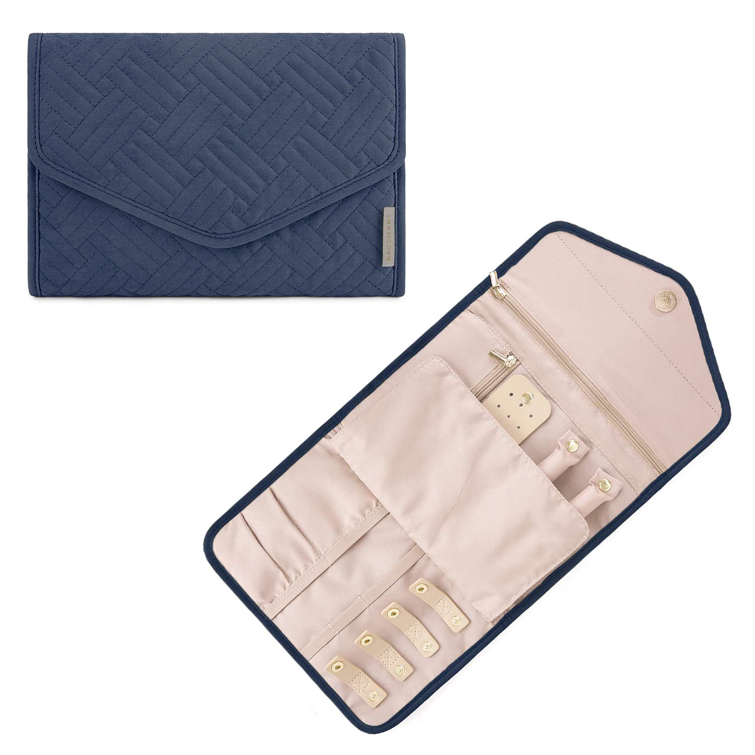 bagsmart Travel Jewellery Organiser, Foldable Jewelry Storage Roll Large Capacity Flat Jewellery Pouch for Rings, Necklaces, Bracelets, Earrings,(Medium-Blue)