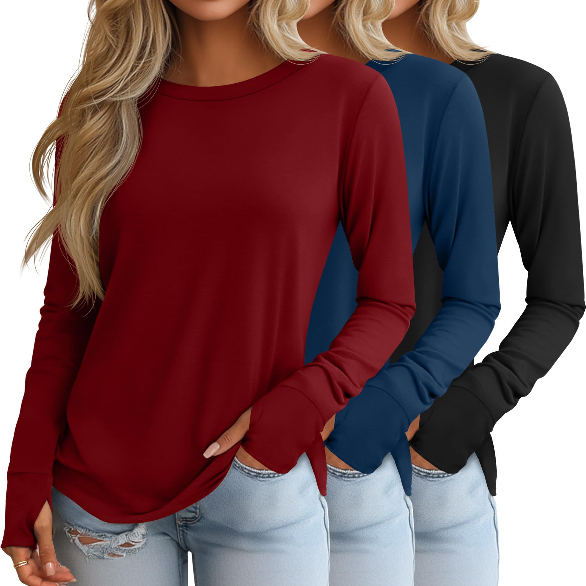 Photo 1 of **MISSING ITEMS** Huukeay 3 Pack Women's Long Sleeve Shirts with Thumb Holes, Cotton Casual Crew Neck Tunic Tops Fall Loose Y2k Trendy Outfits(Black, Navy Blue, Wine Red,S)