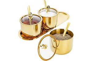 Hedume Set of 3 Grids 304 Stainless Steel Seasoning Containers with Glass Lid Spoon and Tray, 11 oz Gold Condiment Jar Spice Container, Condiment Canisters Pots for Serving Sugar, Pepper, Salt, Candy