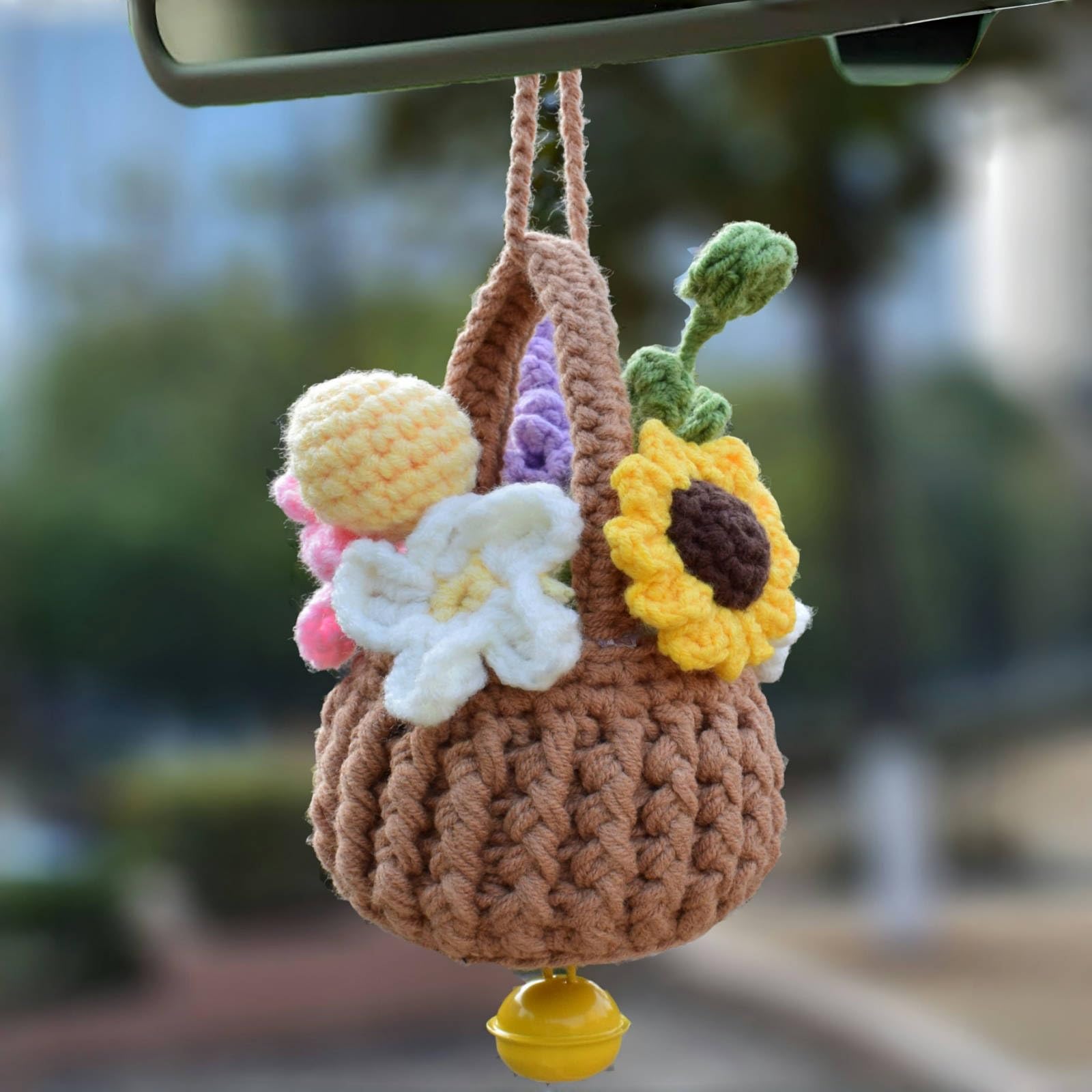 Photo 1 of Cenyn Car Mirror Hanging Accessories,Crochet Plant Decor, Boho Knitted Flower Basket Rearview Mirror Ornament,Natural Cotton Car Truck Hanger Ornament Charm for Men Women Gifts (1, Flower Basket)