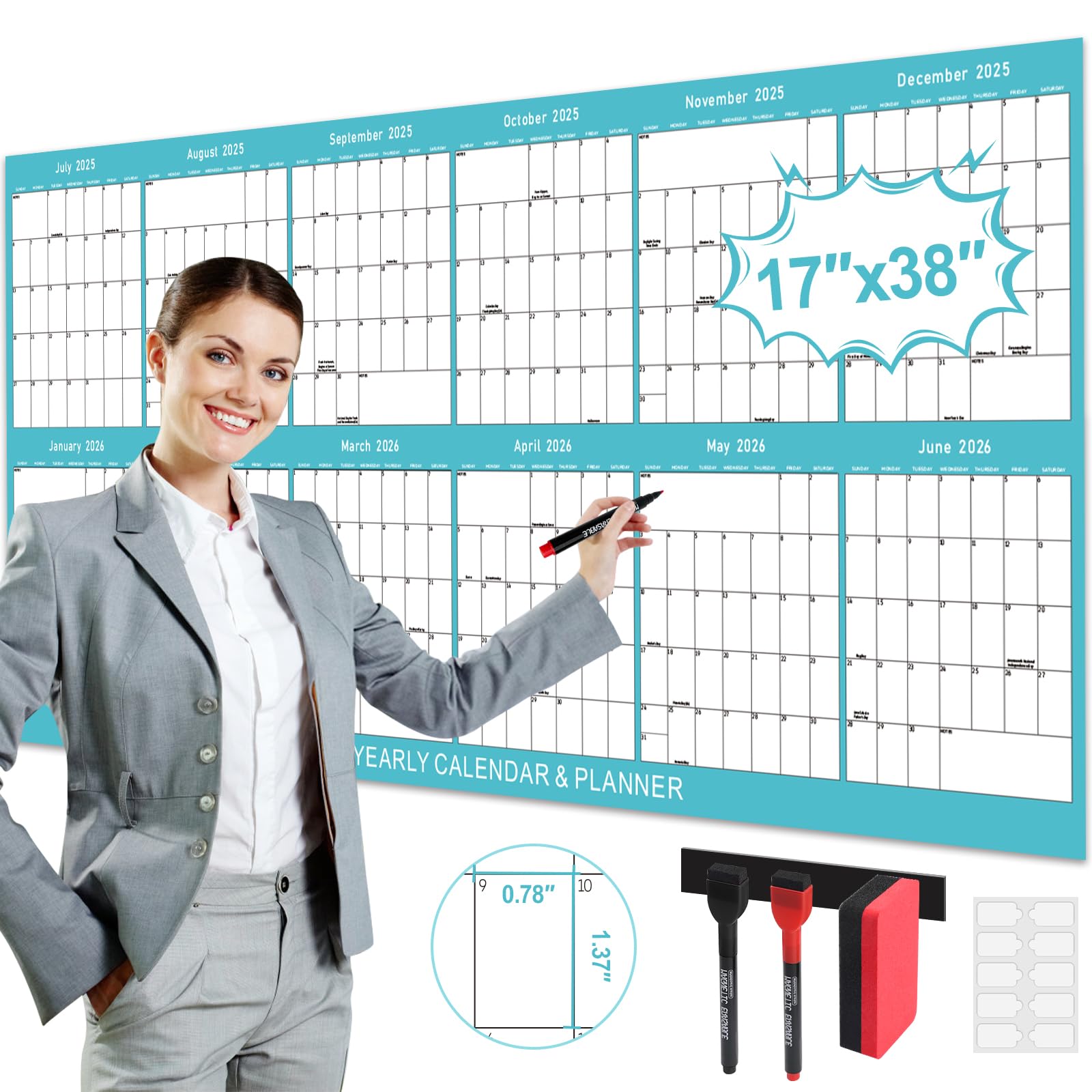 Photo 1 of 2026 Wall Calendar, 17" x 38", Wet/Dry Erasable Laminated Calendar, July 2025 - June 2026, Wall Calendar 2025-2026, Reversible, Double-Sided, Landscape or Portrait Orientation, Suitable for Homeschool and Office Use (No Creases)