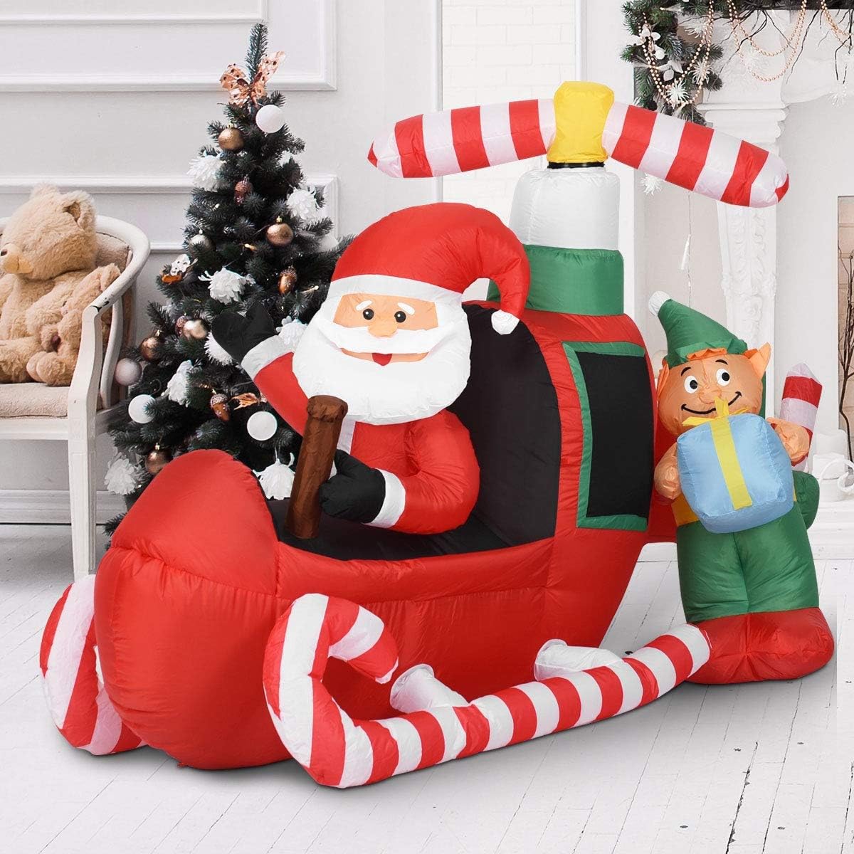 Christmas Decor ornaments Festival 6 Feet Giant Inflatable Santa Helicopter Airplane with Inside Built-in Lighting for Outdoor Indoor Holiday Themed Cheerful Party, with Friends, Family, Neighbors