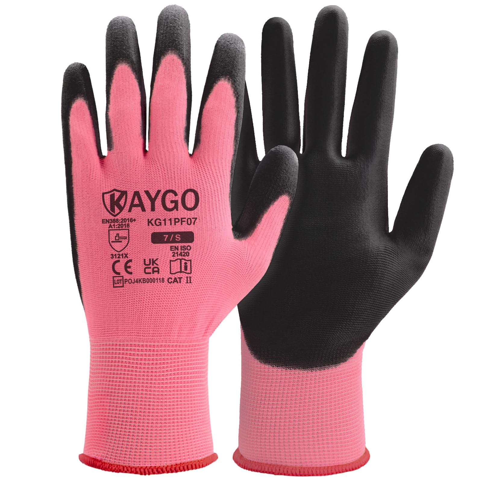KAYGO Work Gloves PU Coated 12 Pairs, KG11PF, Safety Working Gloves with Secure Grip on Palm & Fingers, for Men and Women, Ideal for General Duty Work, Gardening(Small, Pink) — image 1