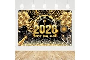 MEHOFOND 7x5 ft Black and Gold 2026 Happy New Year Backdrop Cheers to 2026 New Year Eve Glitter Photography Background Hello 2026 Party Champagne Balloon Fireworks Decor Banner Cake Smash Photo Props