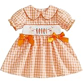 Toddler Girl Easter Smocked Dress Peter Pan Collar Puff Short Sleeve Embroidery Dresses Kids Plaid Spring Clothes