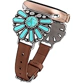 W-RARA Leather Band Compatible with Apple Watch Band Women 38/40/41/42/44/45/46/49mm, Boho Western Vintage Turquoise Ethnic Antique Style Strap for iWatch Series Ultra 2 SE 11 10 9 8 7 6 5 4 3 2 1